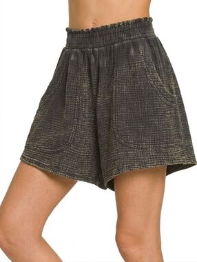 Zenana Washed Double Gauze Shorts - Ash Black